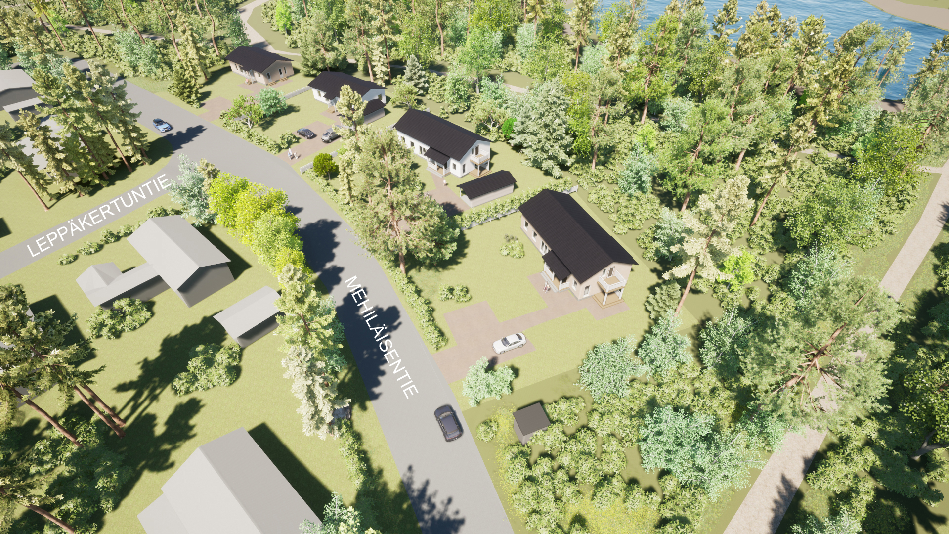 Havainnekuva Lappeenrannan Mäntylän alueen uusista omakotitalotonteista. Taloja, katuja, puita, vesialuetta.